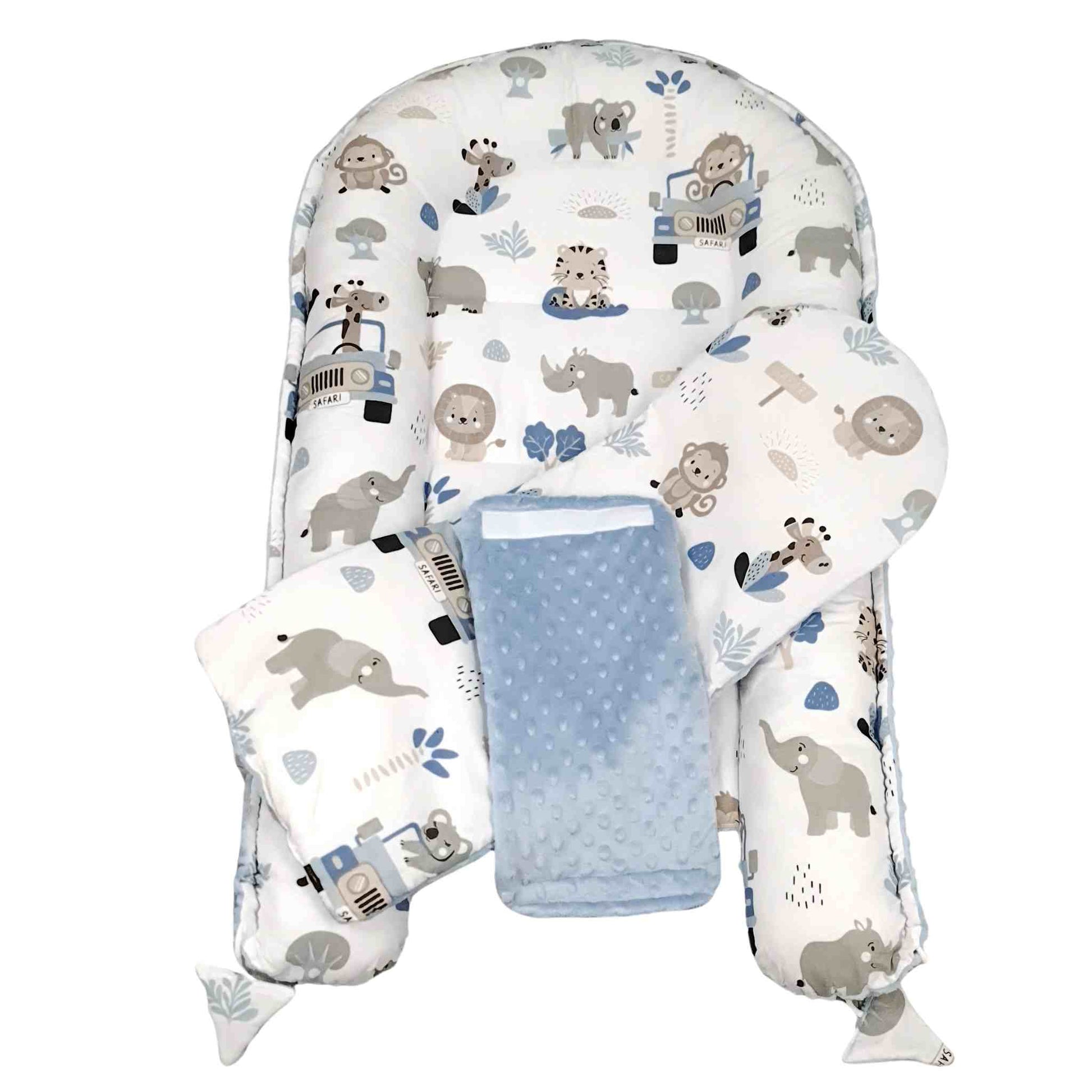 blue nest for baby boy in Ireland breathable cotton safari pattern evcushy sleeping pod with liner 0-9 months
