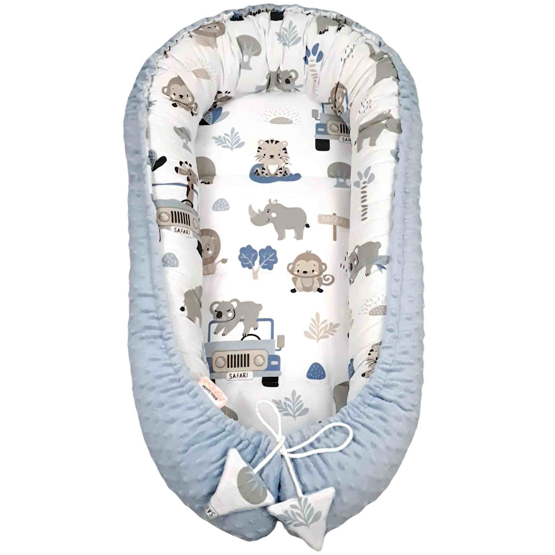 blue nest for baby boy in Ireland breathable cotton safari pattern evCushy portable lightweight reversible
