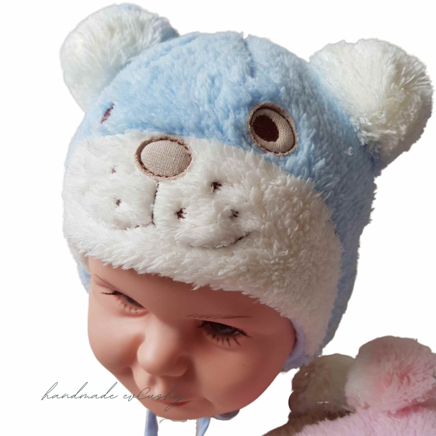 blue hat for baby boy teddy bear winter hat with pom-poms evcushy