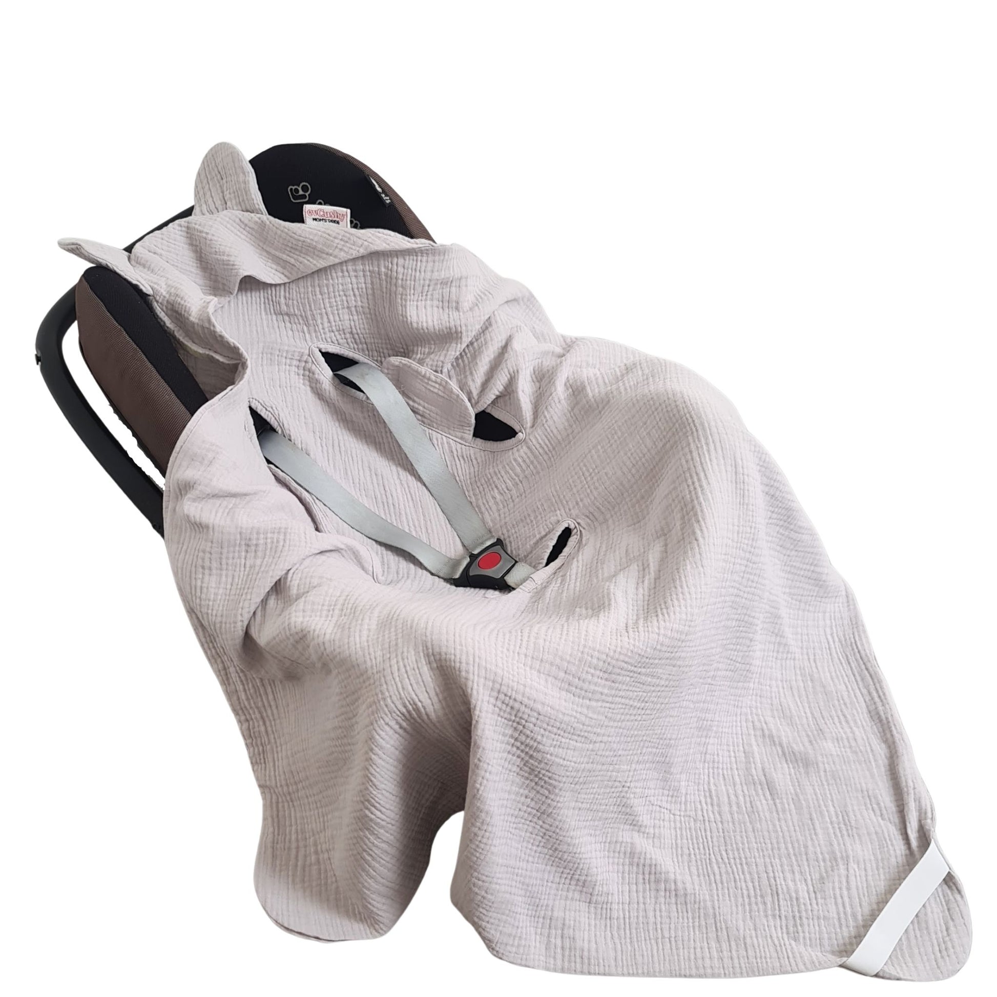 grey blanket with hood and ears. Fits car seat 3 and 5 point harness system 0-12 months