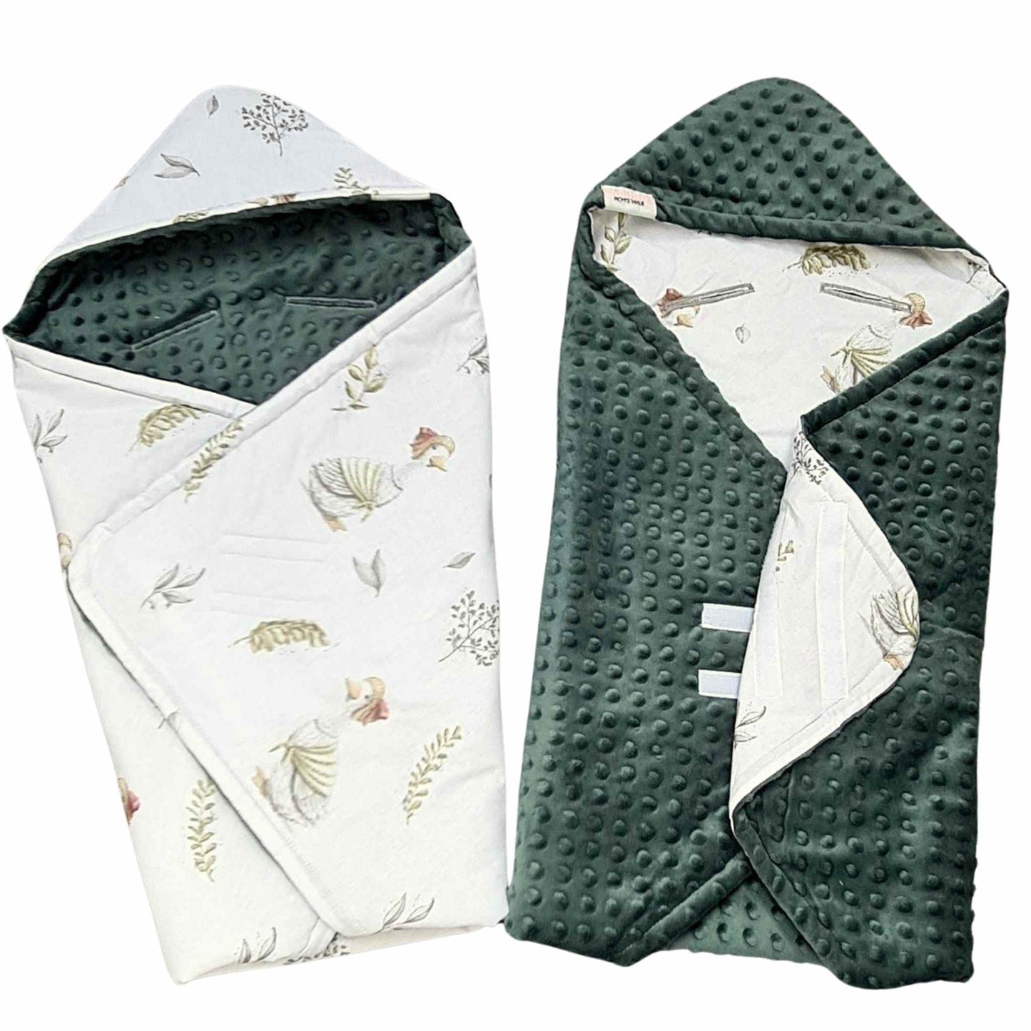 car seat blanket for newborn with hood and velcro has holes for harness green cosy plush and cotton geese pattern evCushy