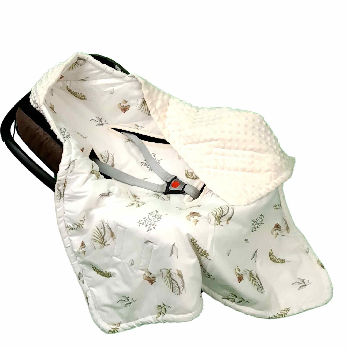 baby car seat blanket with hood 0-12 months 3 &5 points harness compatible evcushy 
