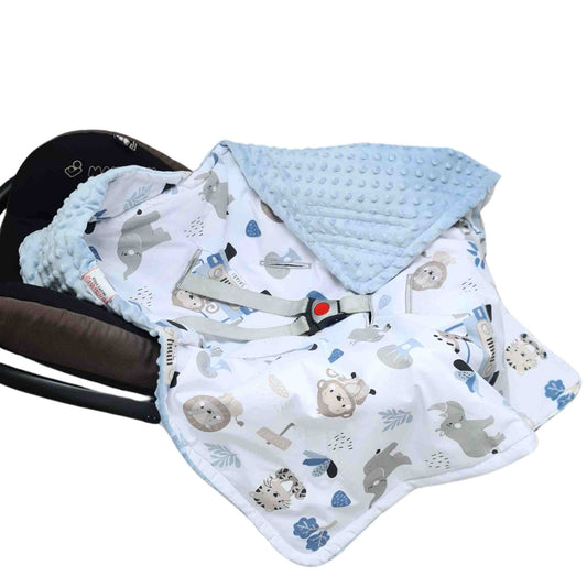 cosy car seat blanket from newborn baby safari pattern 100% cotton and plush blue plush 