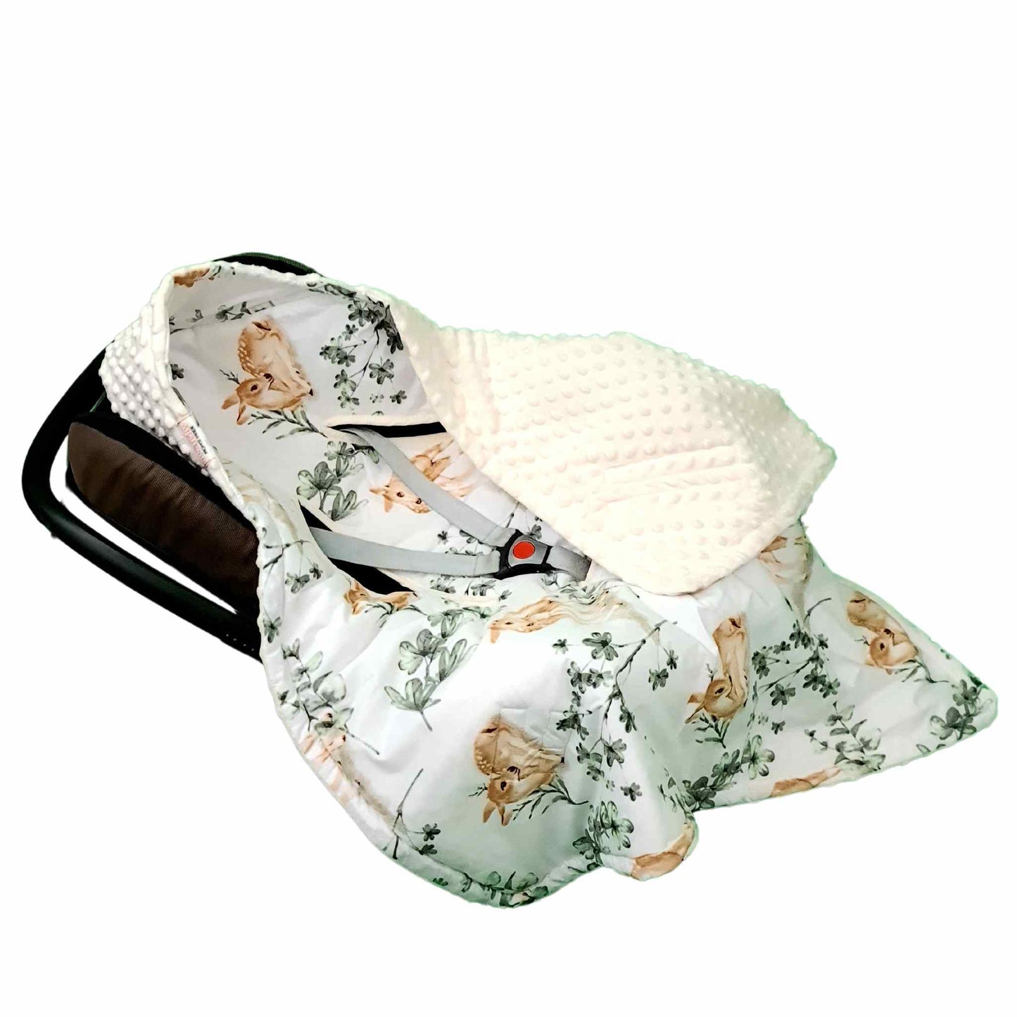 car seat blanket for infans with hood and velcro fastening with baby deer patern and cream plush
evcushy