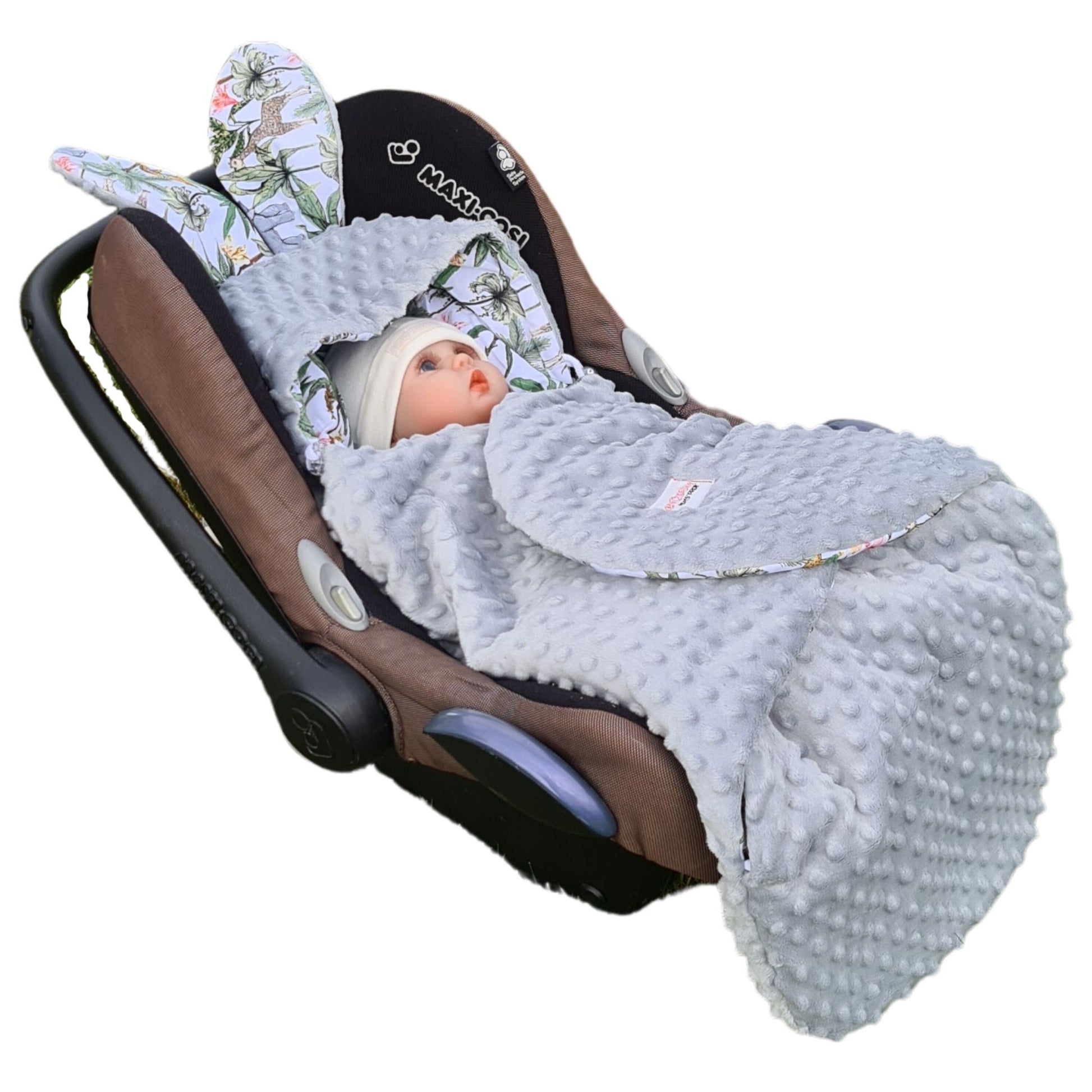 car seat blanket 0-12 months with hood jungle design cotton grey fleece with bunny ears evcushy
