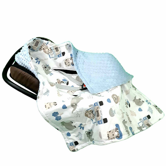 2 & 5 points harness car seat blanket  with hood for baby o-12 months blue safari evCushy 