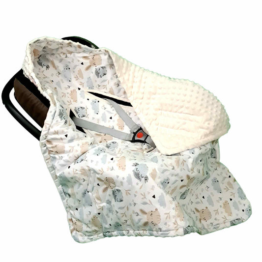 car seat blanket with hood 0-12 months ecru beige and grey colours with owls and bunnies pattern evCushy