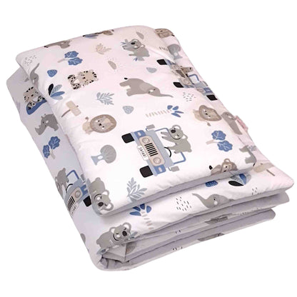 children bedding set with filling for boys safari jeep with animals blue and grey 100% cotton 