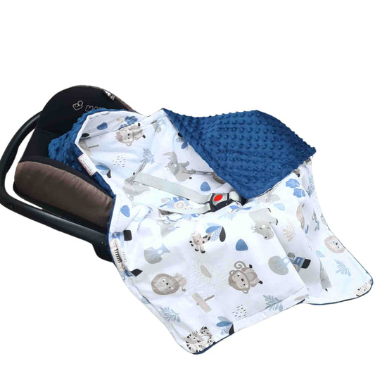 cosy car seat blanket from newborn baby safari pattern 100% cotton and plush navy blue plush 