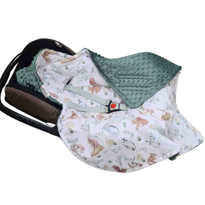 cosy infants car seat blanket for newborn green plush and woodland animals cotton featuring cosy hood
