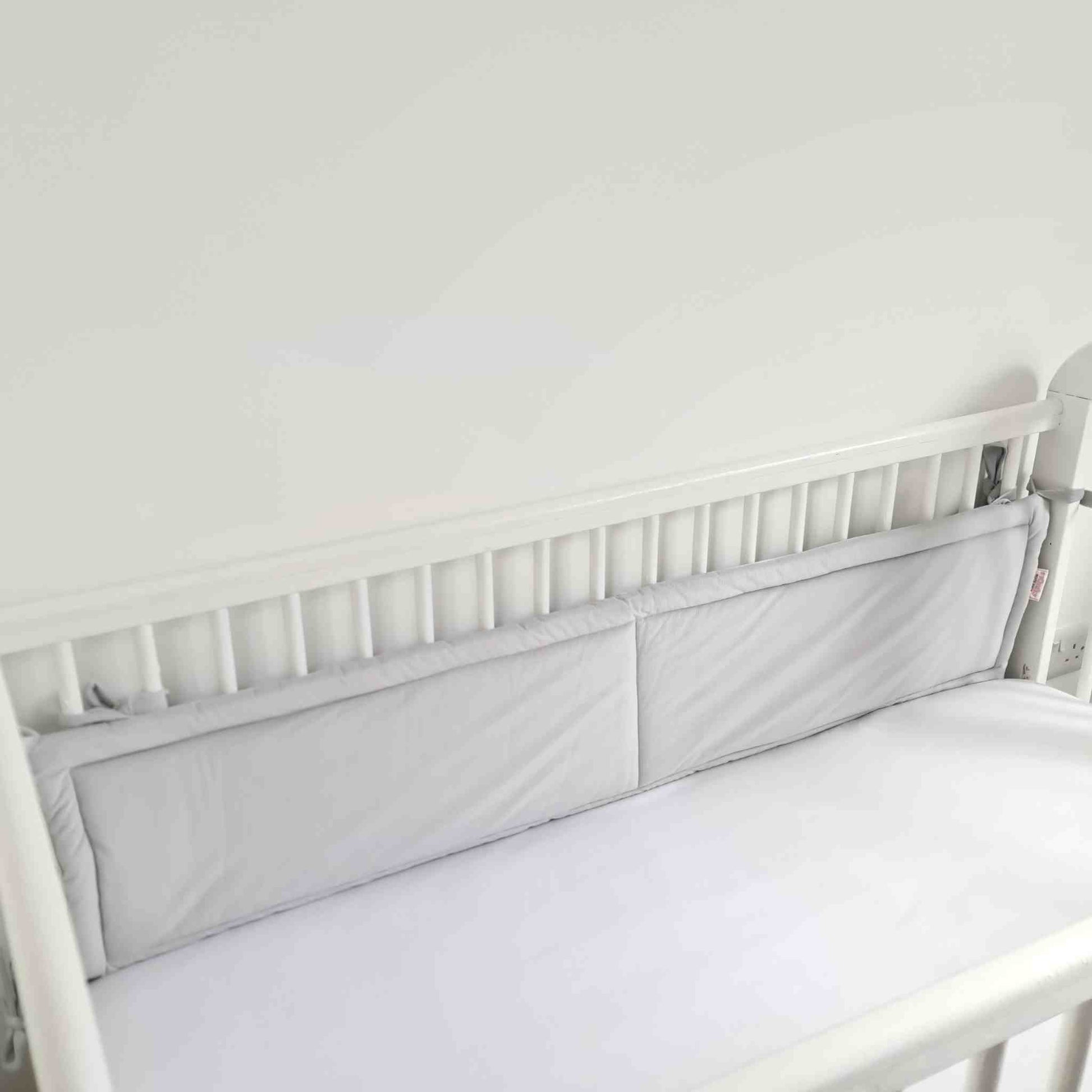 cot bed bumper 140cm and 120cm long made of grey soft velvet fits long side of baby cot bed evcushy brand 