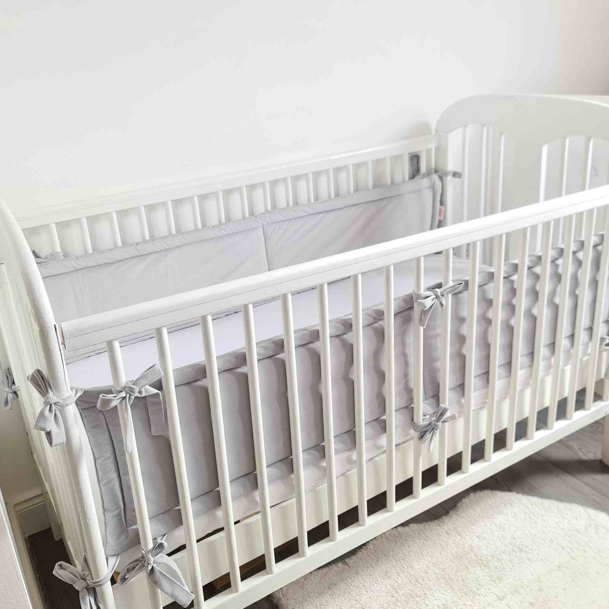 cot bed bumper set 2 x140cm and 120cm long made of grey soft velvet fits long side of baby cot bed evcushy brand 