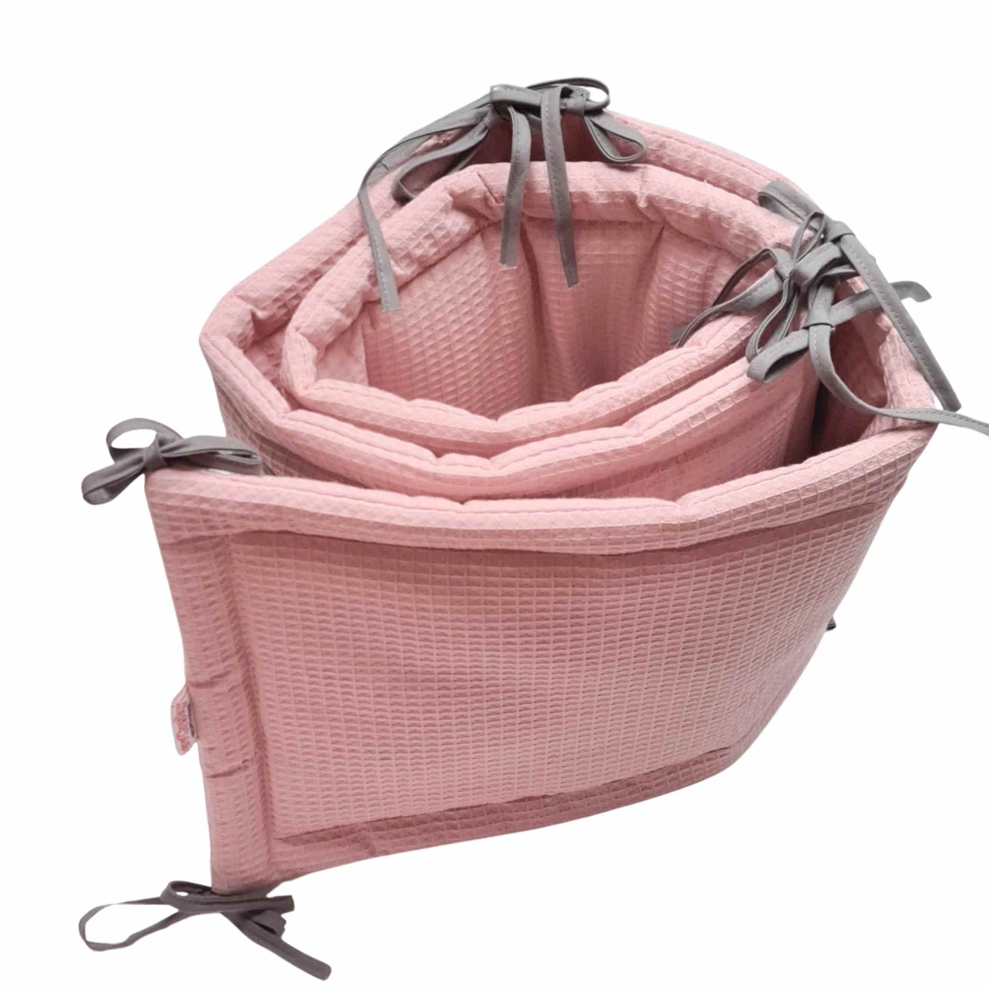 cot bed bumper 210cm 100% cotton elegant dusty pink waffle texture with grey ties evcushy