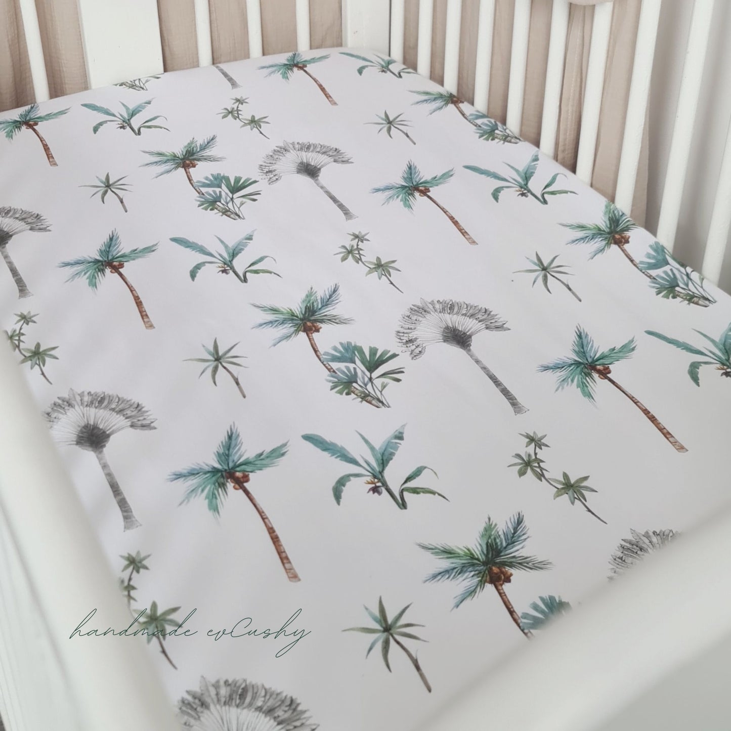 00% Cotton Fitted Cot Bed Sheet with Palm Tree Pattern, part of the Safari Dream Collection, designed for 70x140 cm mattresses white and green