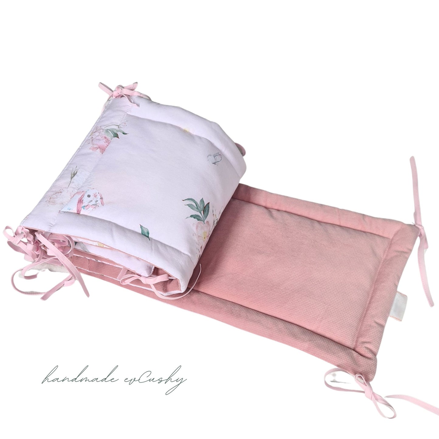 Image: 210cm Long Pink Cot Bed Bumper with Adorable Bunny Design and Pink Velvet