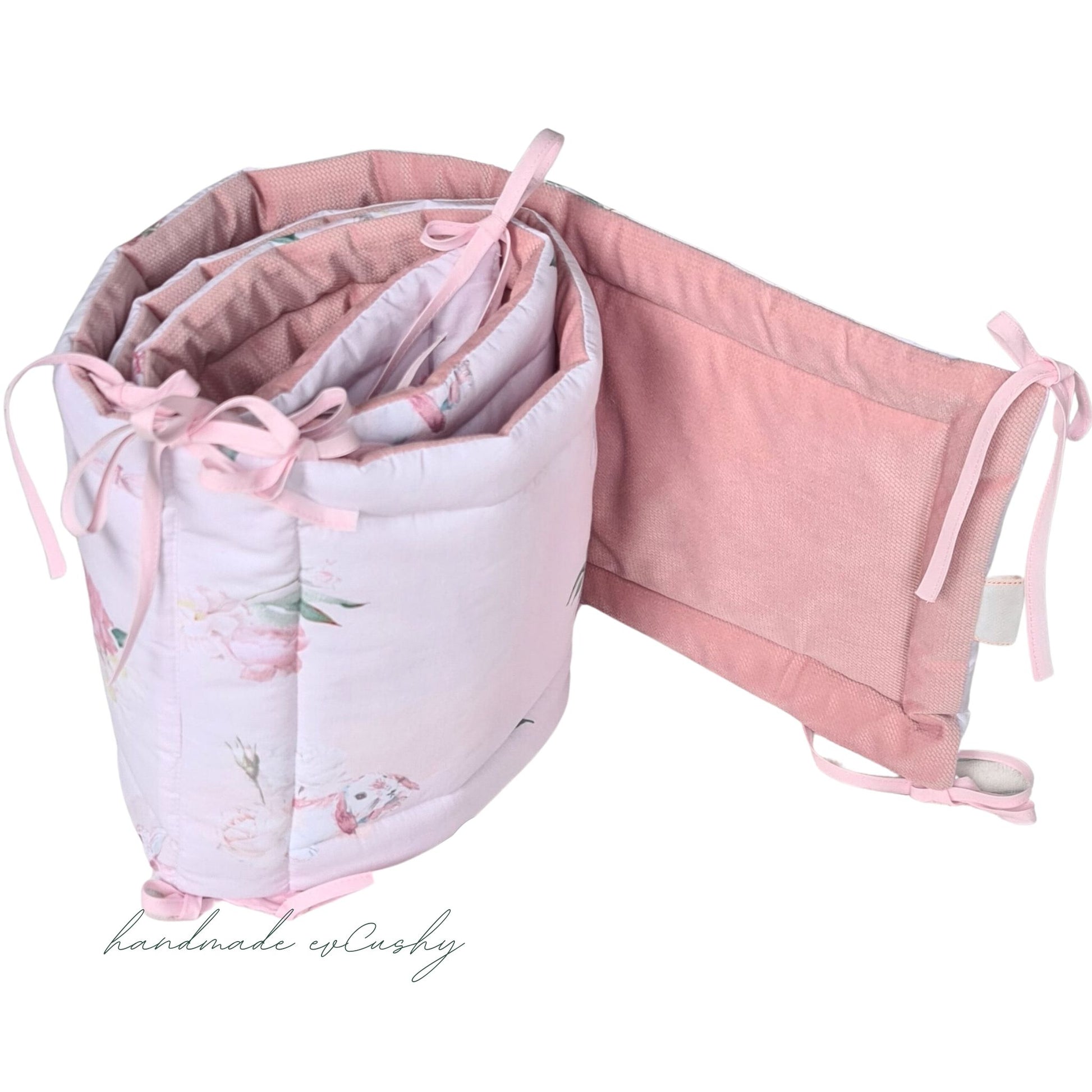 Image: 210cm Long Pink Cot Bed Bumper with Adorable Bunny Design Luxutious Fabric