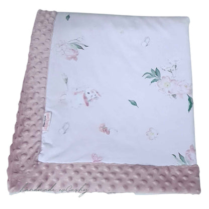 pink blanket for baby with bunnies design and soft cosy plush on the reverse size 80x100cm from evcushy