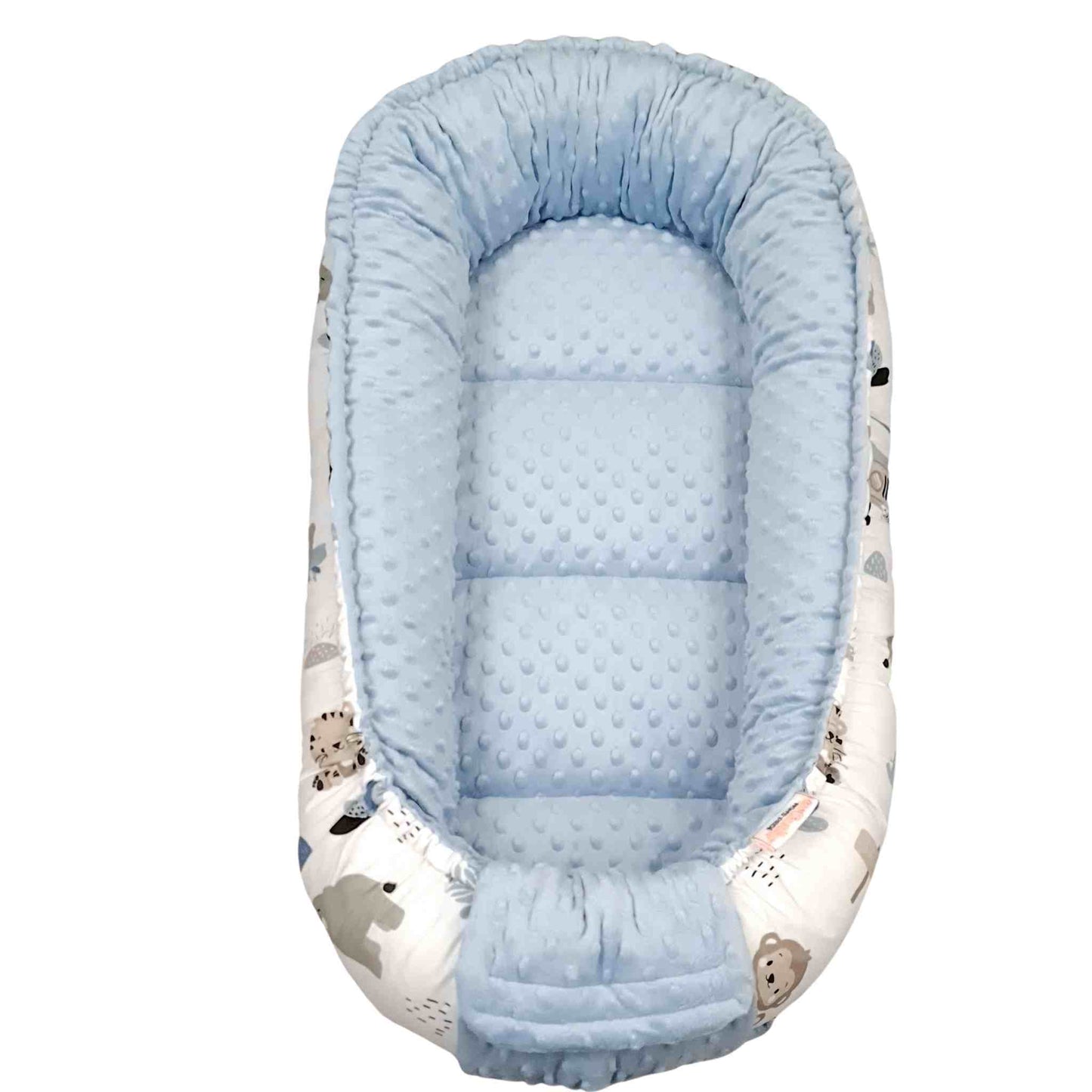 doublesided reversible baby nest lounger blue with animals pattern evCushy