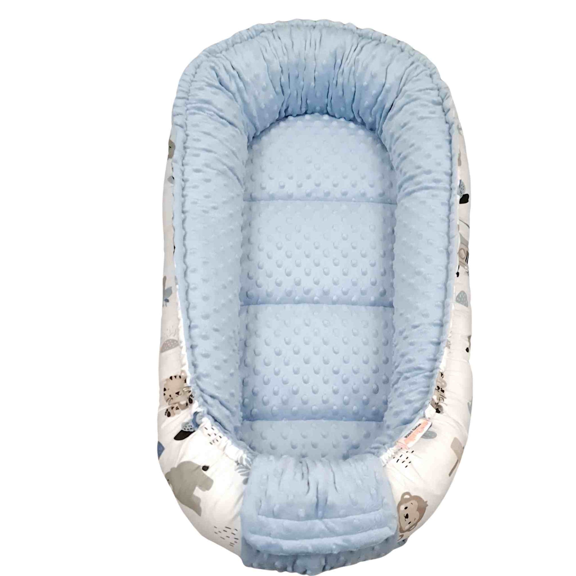 doublesided reversible baby nest lounger blue with animals pattern evCushy