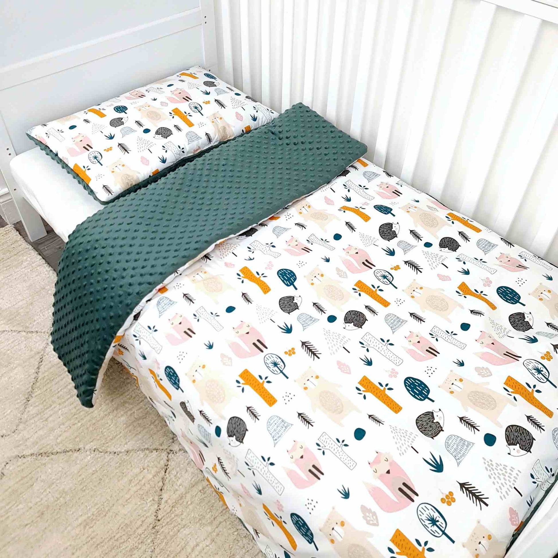 duvet and pillow set toddler size cotton green plush woodland theme 1-5 years