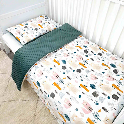 duvet and pillow set toddler size cotton green plush woodland theme 1-5 years