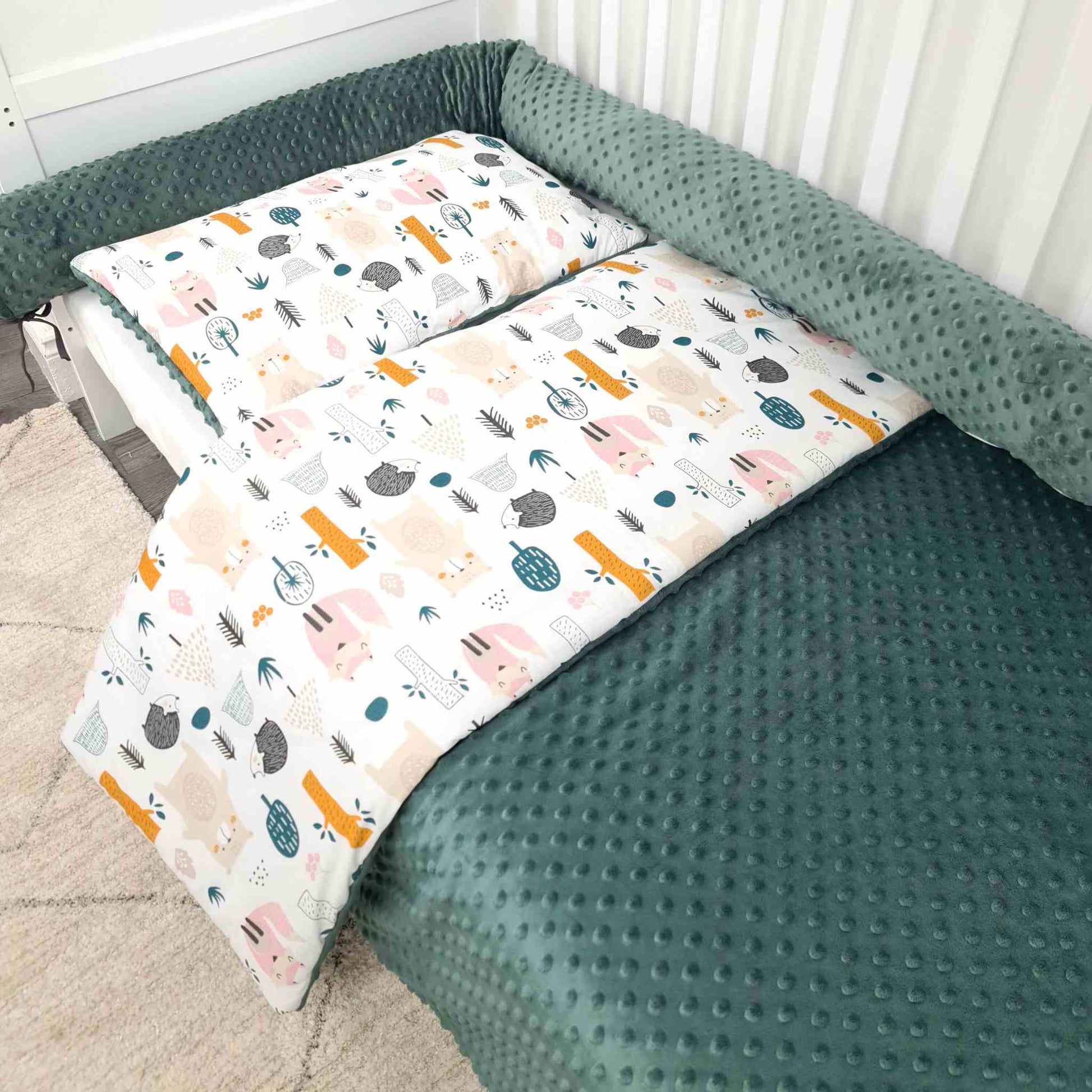 set toddler size cotton plush woodland theme snuggly comforter  bolter pillow bumper