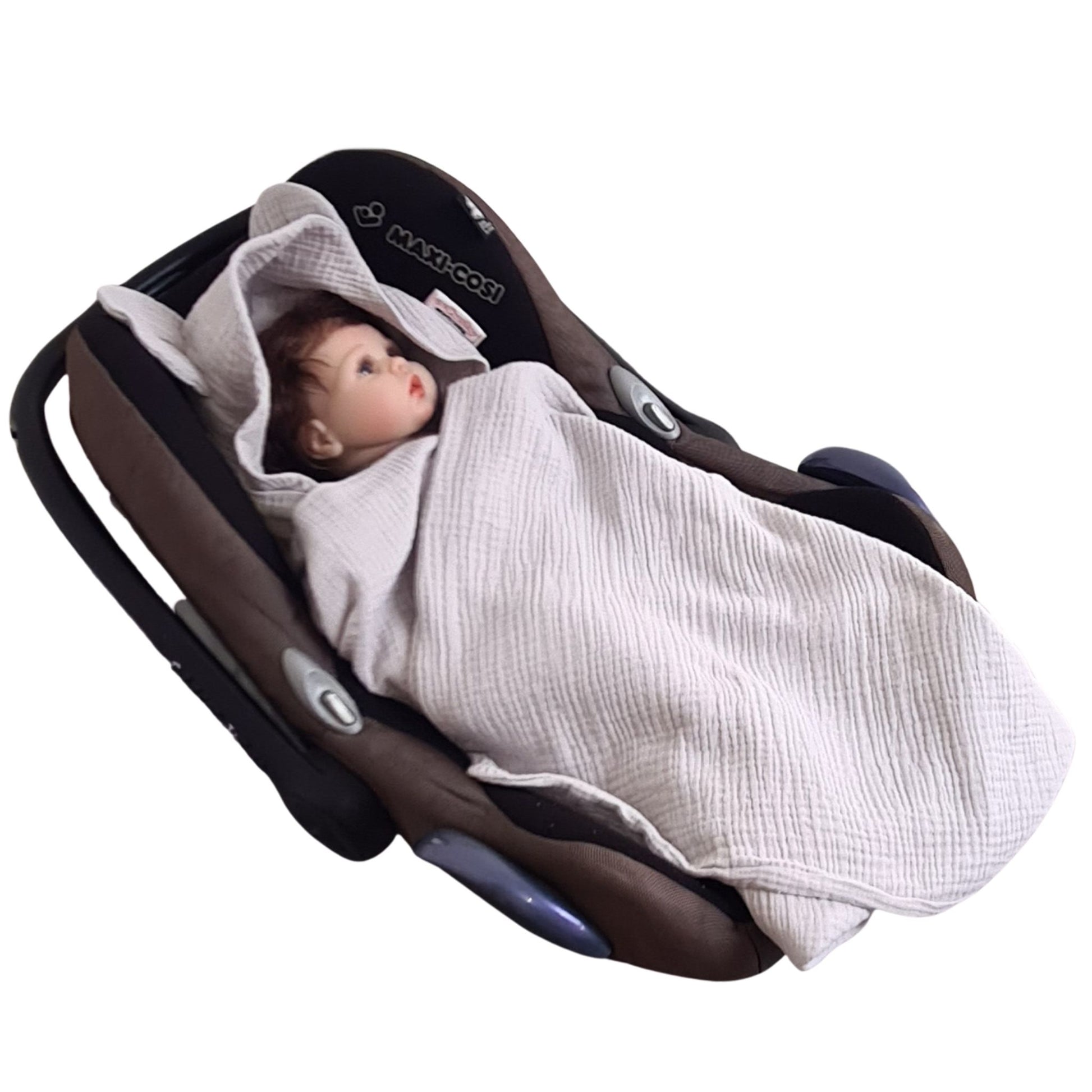 soft grey cotton blanket with hood and holes for car seats belts. summer light blanket for newborns