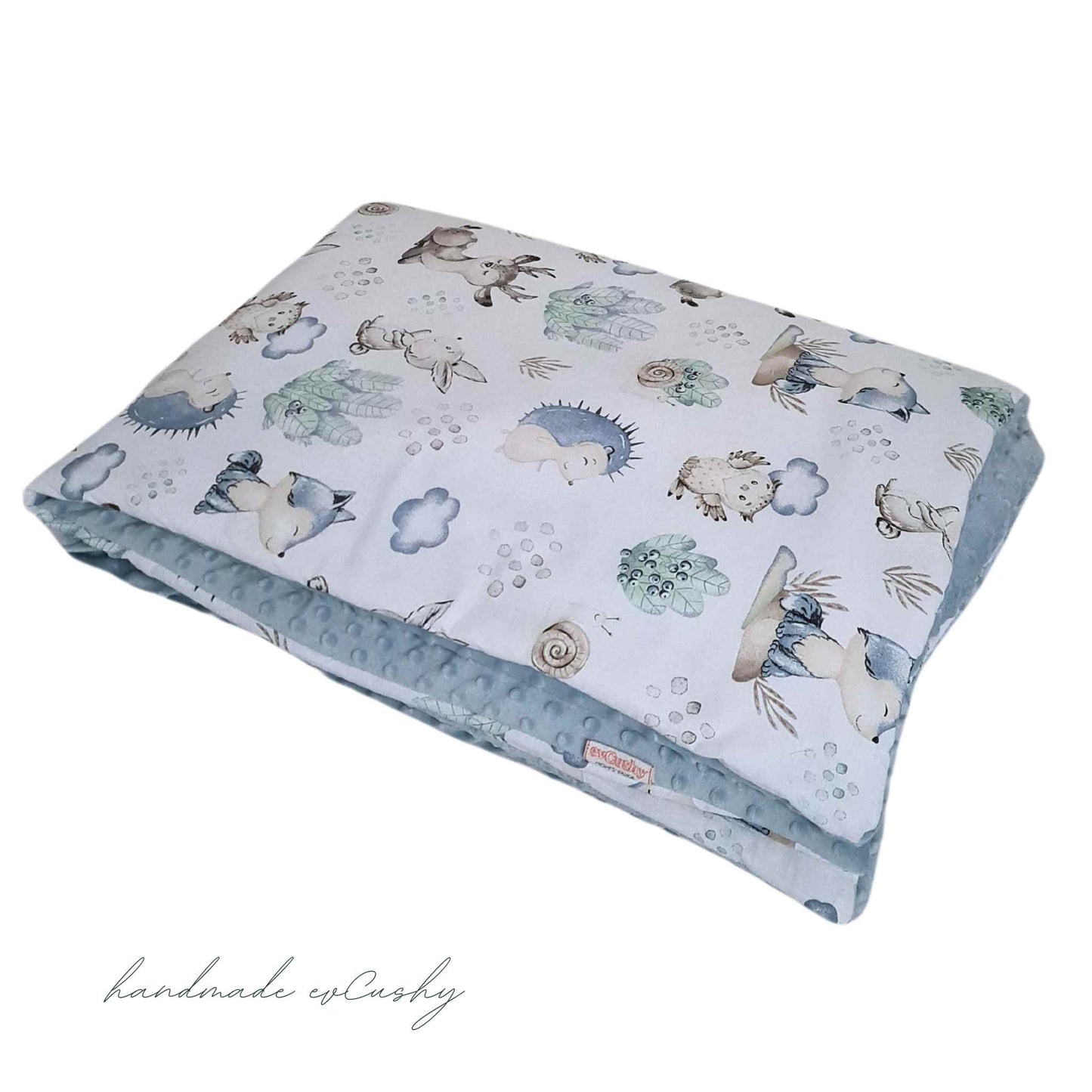 bedding set for toddler cosy warm blanket for cot bed blue fleece on one side and woodland pattern cotton on the reverse side evcushy