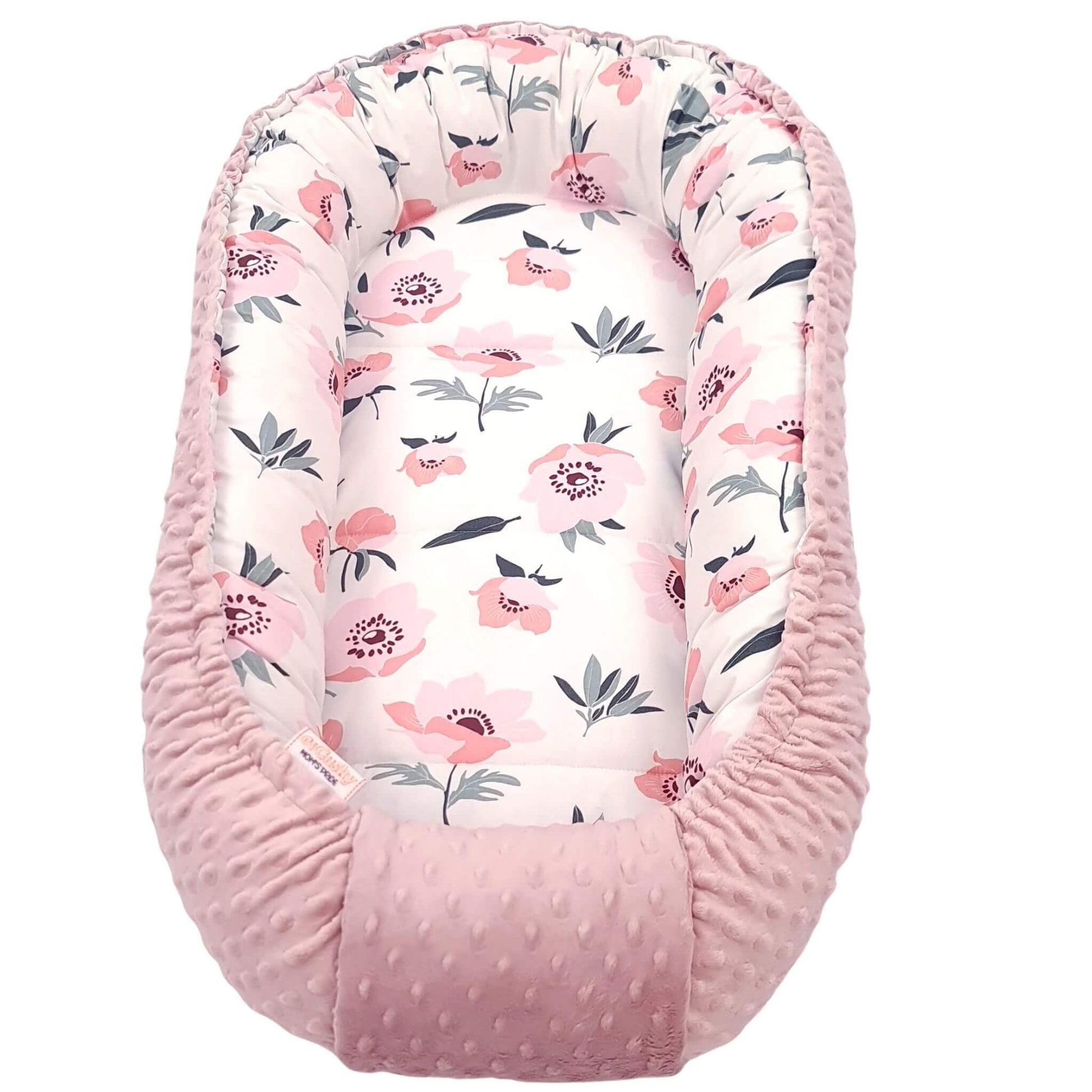 evCushy Baby Nest – Pink Poppies & Blush Plush – Soft baby sleep pod for newborns to 9 months, featuring pink poppy cotton and blush pink dimple