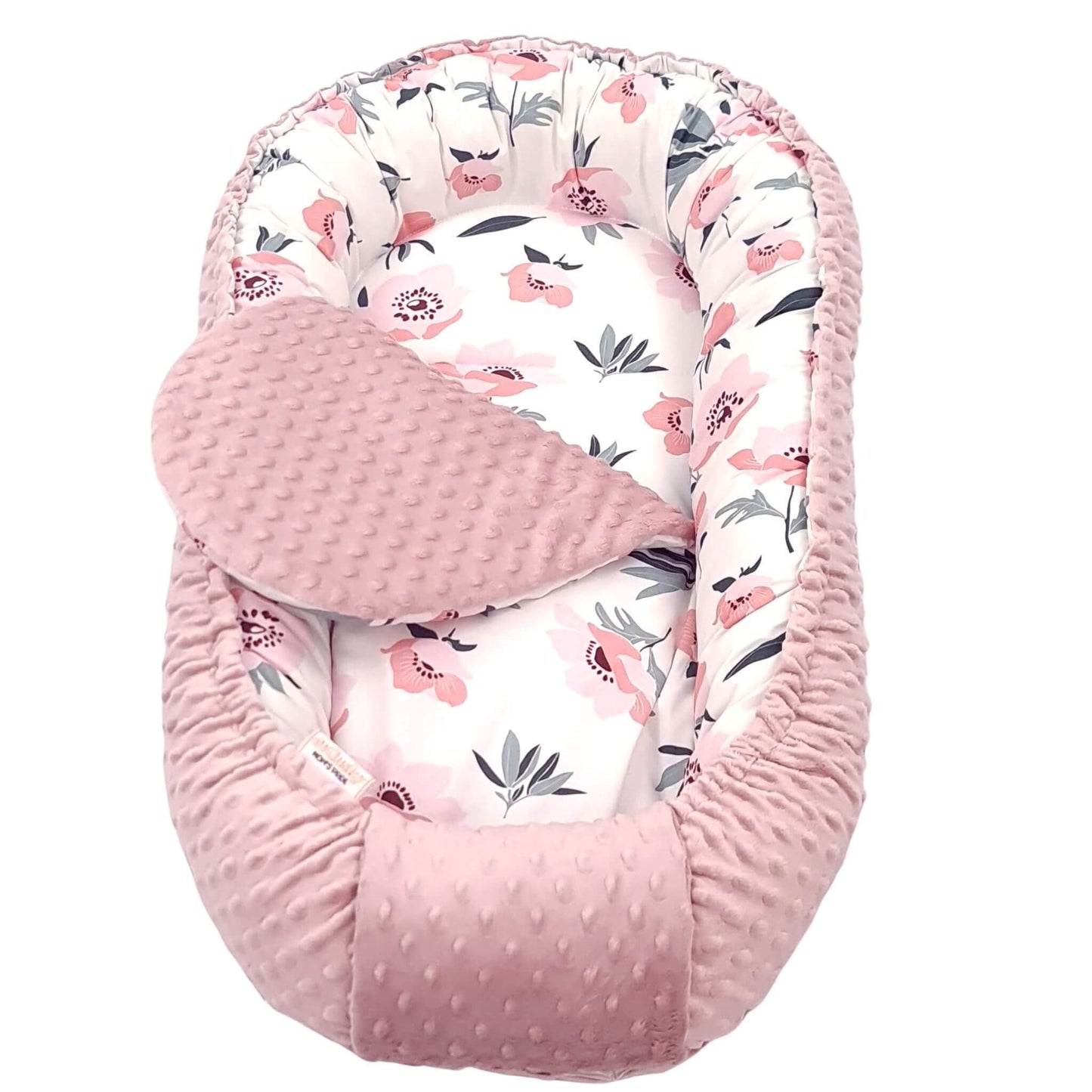 Evcushy Baby Nest 5-Piece Set, featuring a beautiful Pink Poppies design and Blush Pink Plush fabric.