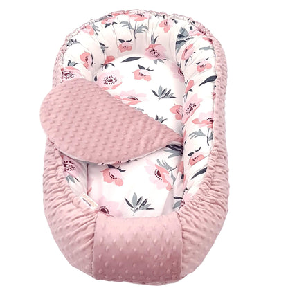 Evcushy Baby Nest 5-Piece Set, featuring a beautiful Pink Poppies design and Blush Pink Plush fabric.