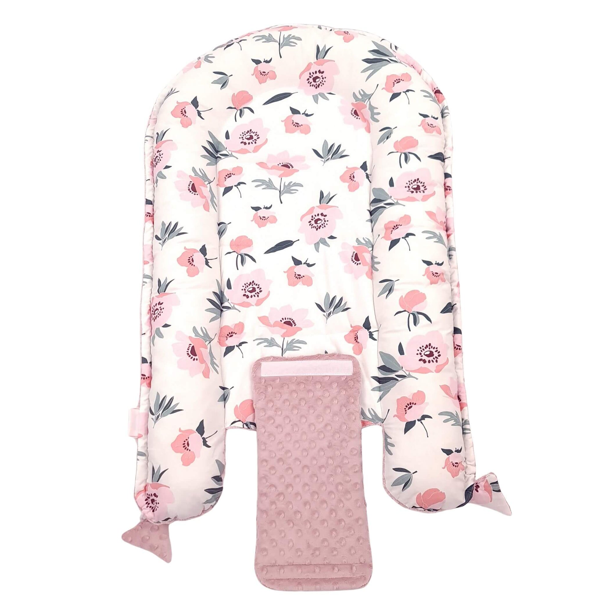 evCushy Baby Nest fabric – Delicate pink poppies print on cream cotton with snuggly blush pink plush interior. Suit 0-9 months baby girl.