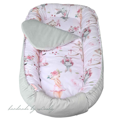 evCushy baby nest xxl with liner pink and grey with ballerinas kittens bunnies design