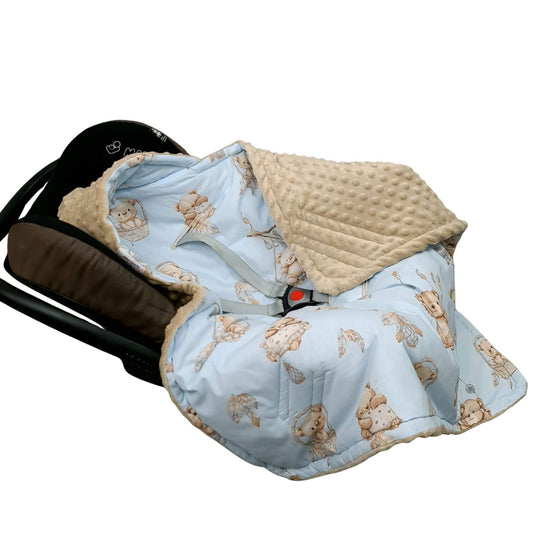 evCushy car seat swaddle for newborn with hood teddy bear blue pattern and cosy plush in beige