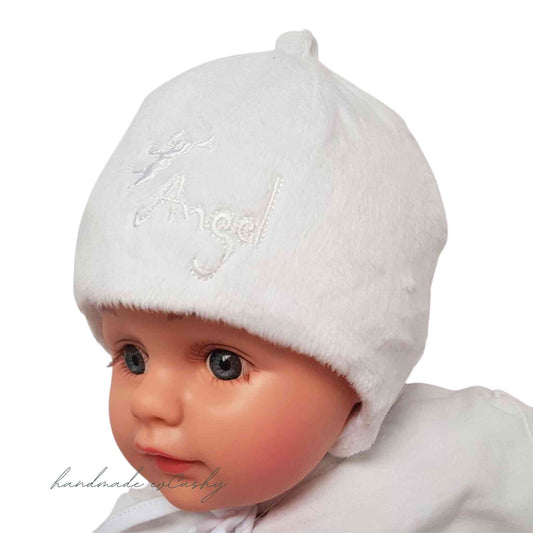 warm winter hat for baby white colour with anger embroidery bonnet style hat