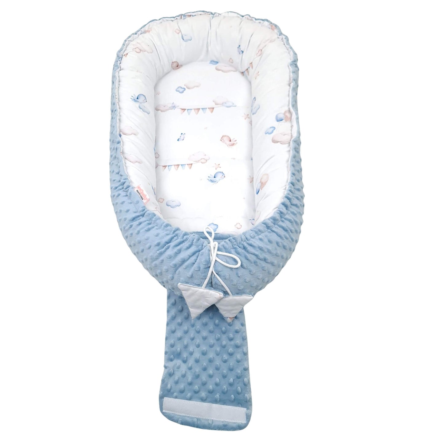 Plush blue dimple minky back of newborn sleeping nest – cosy baby lounger