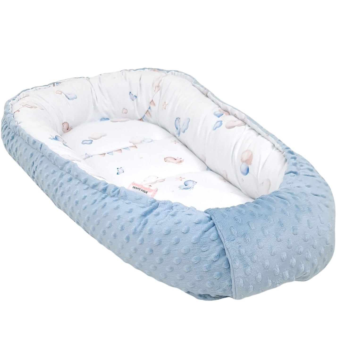 Side angle of breathable blue baby pod – safe sleeping nest for infants