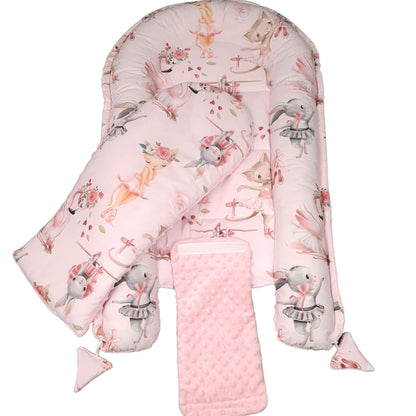 Baby nest pod with bunnies kittens and swans in pink cotton