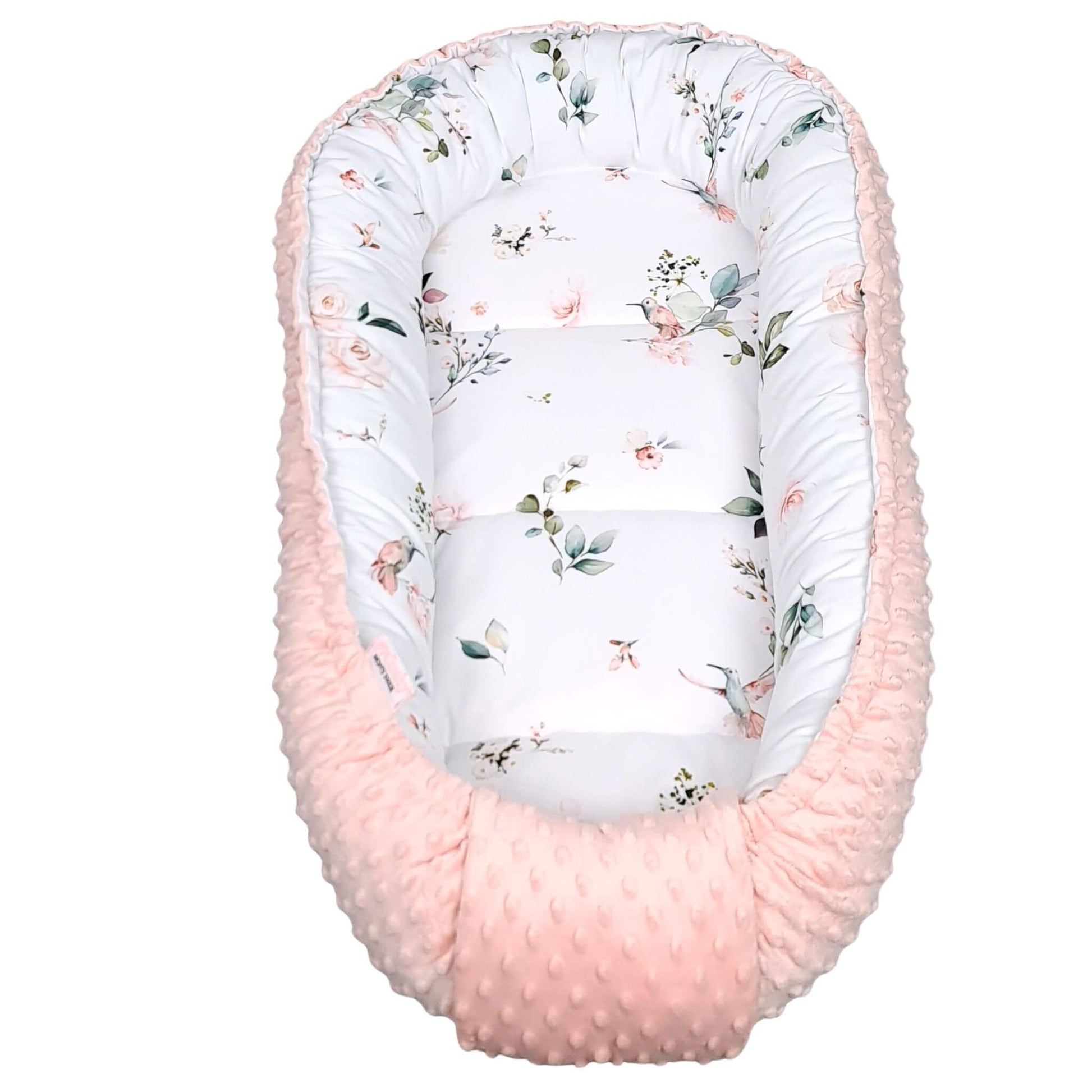 Pink Roses & Hummingbirds breathable baby nest front view – safe sleeping nest for newborn girls