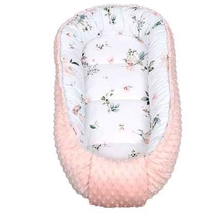 Pink Roses & Hummingbirds breathable baby nest front view – safe sleeping nest for newborn girls