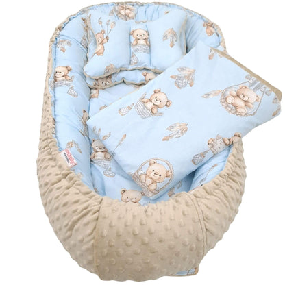 Evcushy Baby Nest 5-Piece Set Sweet Bears Collection in beige teddy on blue cotton