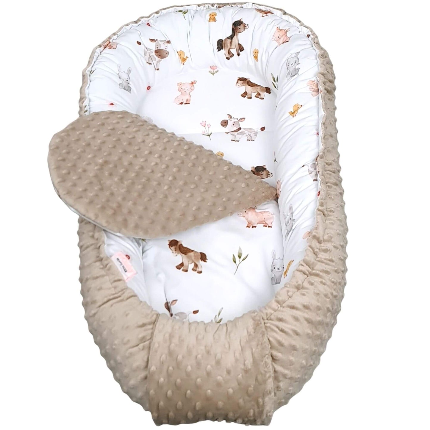Baby lounger with animal print Taupe minky base of the Farm Animals Friends baby nest with liner for newborn baby – Evcushy