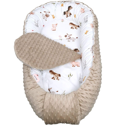 Baby lounger with animal print Taupe minky base of the Farm Animals Friends baby nest with liner for newborn baby – Evcushy