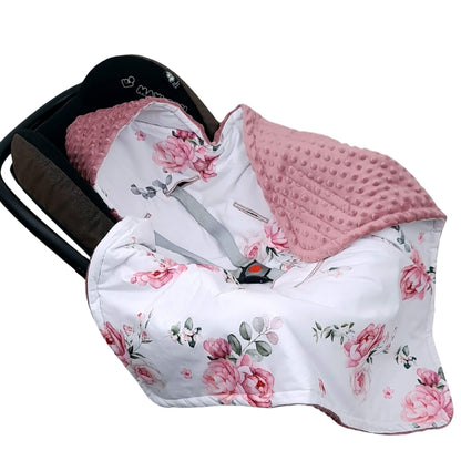 Evcushy Blooming Rose Car Seat Blanket secured with 3-point harness for newborn safety