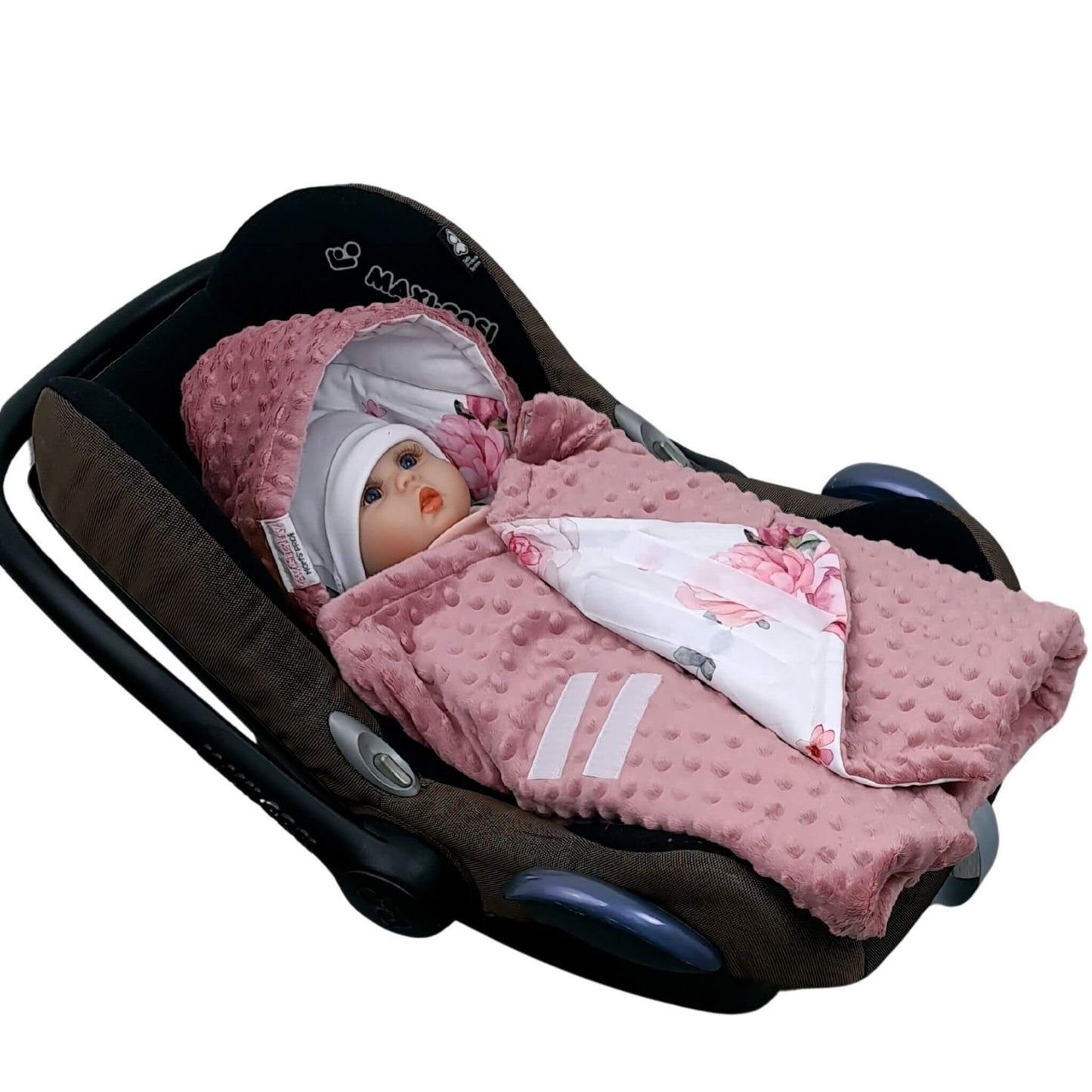 Close-up of Velcro fastening on Evcushy Blooming Rose Car Seat Blanket for easy use in pink