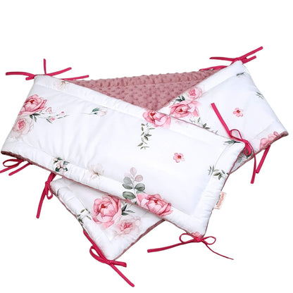 Blooming roses cot bed bumper with dark pink foxglove minky by Evcushy
