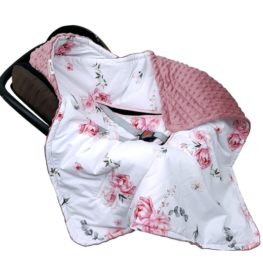 Blooming Rose car seat blanket with dark pink plush compatible with 5 point harness