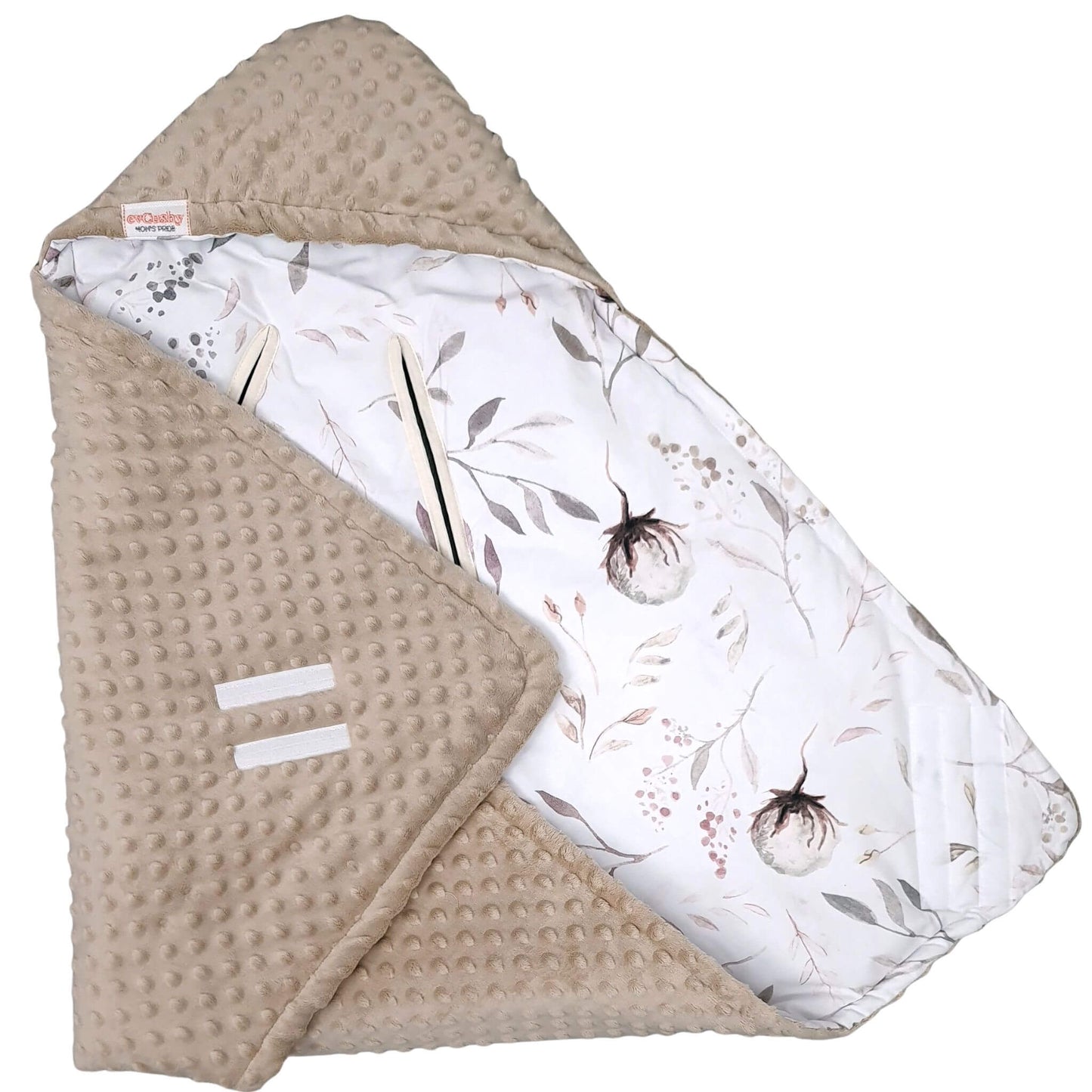 Close-up detail of Cotton Blossom premium cotton fabric and plush fleece, handmade baby car seat blanket.