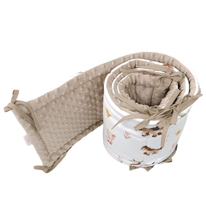 Soft taupe minky plush reverse of Farm Friends cot bed bumper