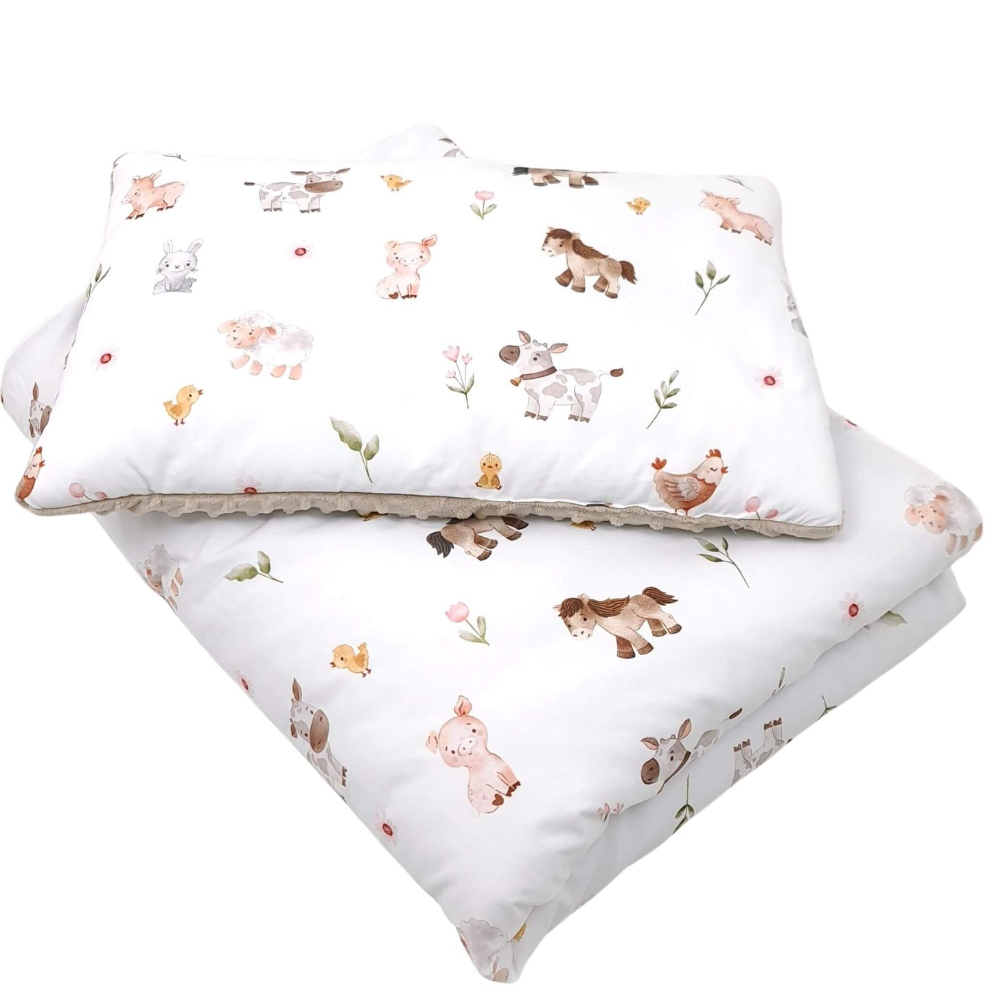 Evcushy toddler quilt set with farm animals — ponies, pigs, and cows — on cotton and mocha plush fleece.